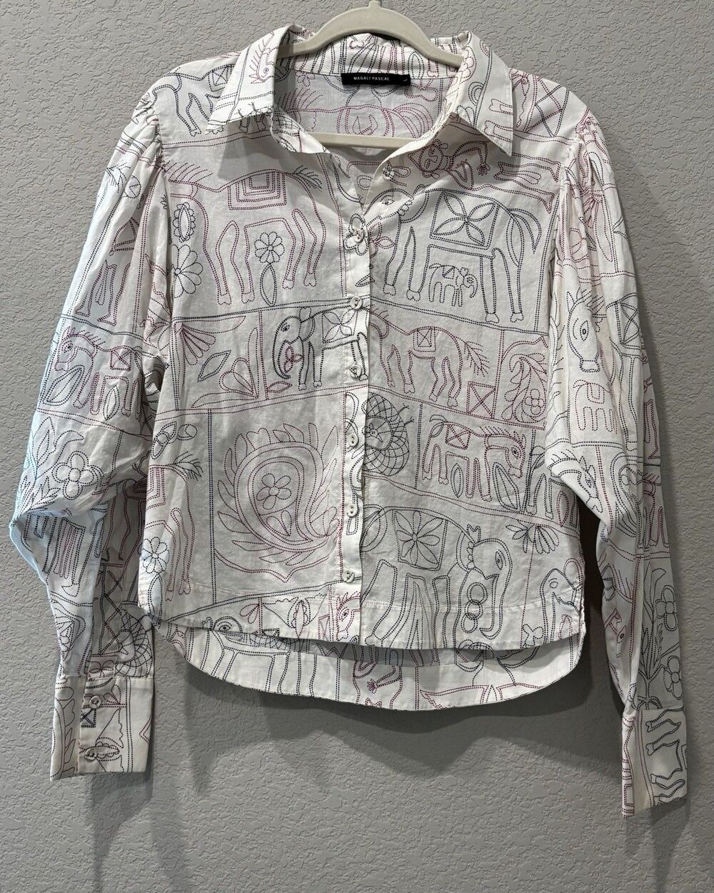 Magali Pascal Puff-Sleeved Button Down Artful Animal Embroidery Womens L